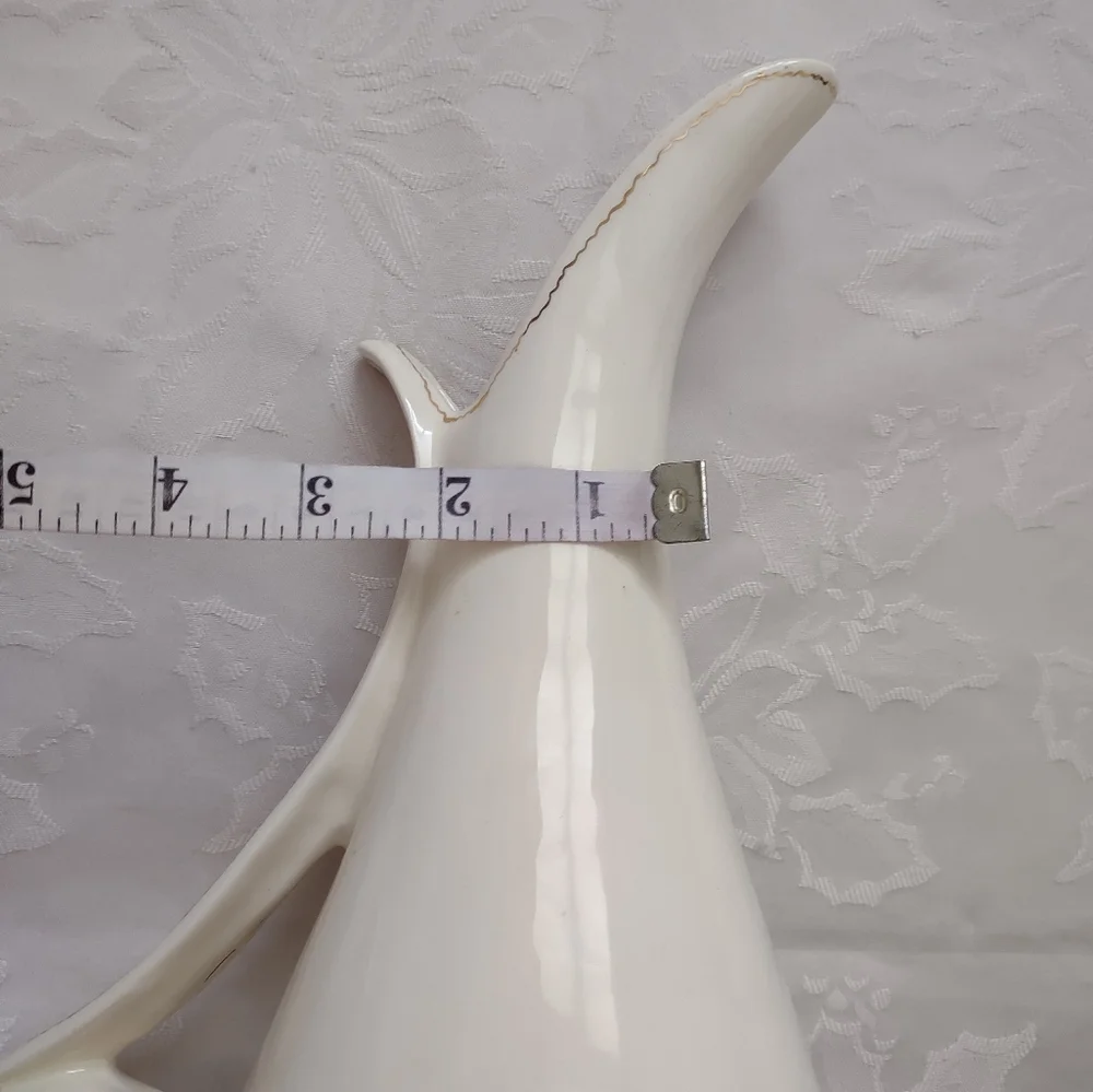 Signed 1961 Vintage Porcelain Gold Trim Elongated Spout Handle Pitcher